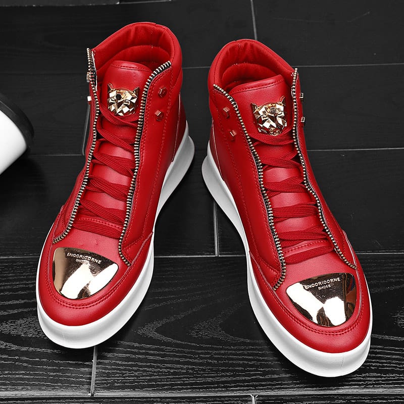 Red Snakeskin High Top Sneakers Men Flat Casual Sneakers Zipper Fashion Luxury Club Hip Hop Streetwear Shoes Men Designer Shoes