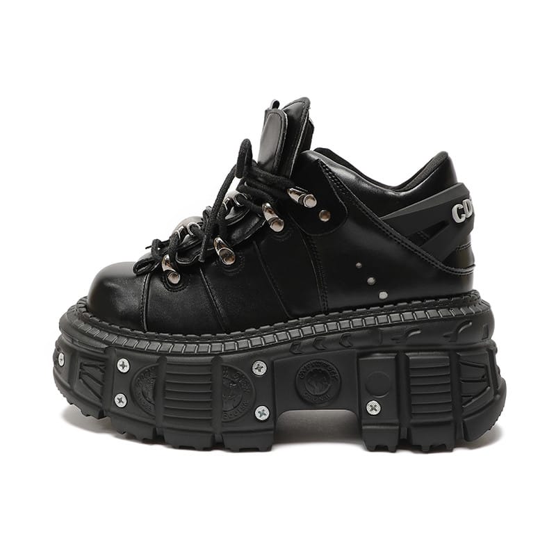Gothic Women Sneakers Rock 6cm Platform Shoes Punk Style Metal Decoration Heel Height Lace-up Rivet Thick Bottom Leather Shoes