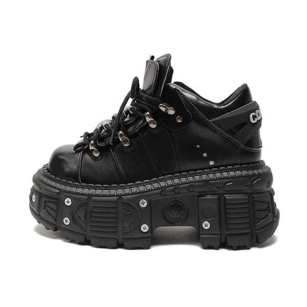 Gothic Women Sneakers Rock 6cm Platform Shoes Punk Style Metal Decoration Heel Height Lace-up Rivet Thick Bottom Leather Shoes